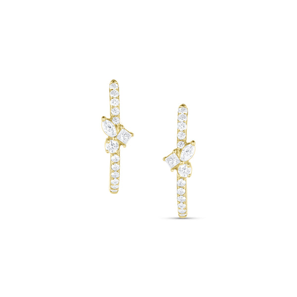 Dominique Cohen petite diamond hoop mixy earrings with mixed shapes diamond cluster, in 14K yellow gold<span class='visuallyhidden'>; shop help at 760-978-9297.</span>